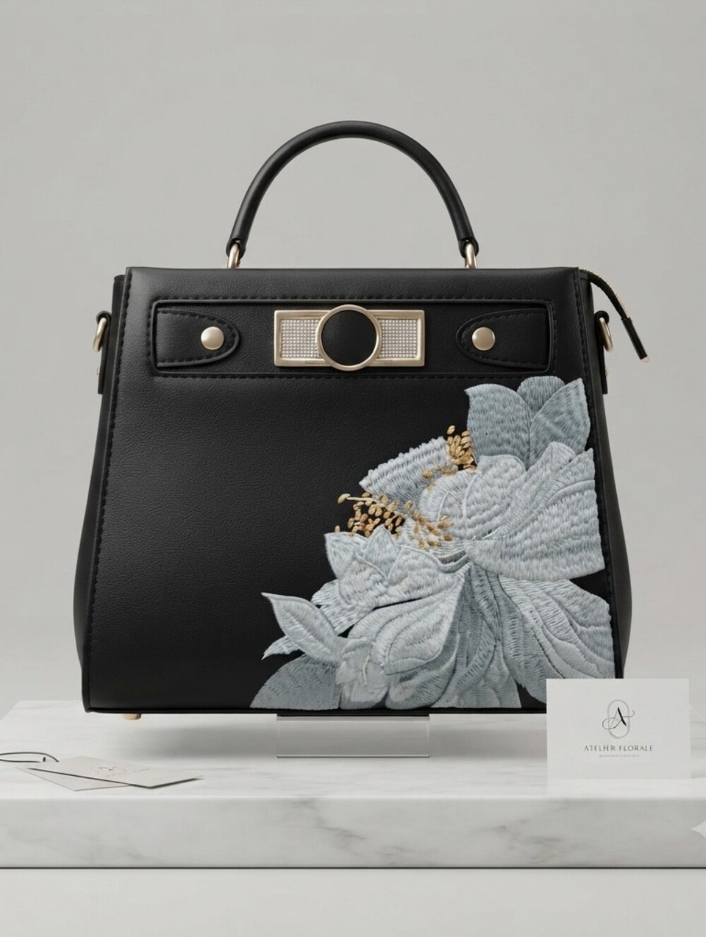 Black Handbag with Light Blue Floral Embroidery